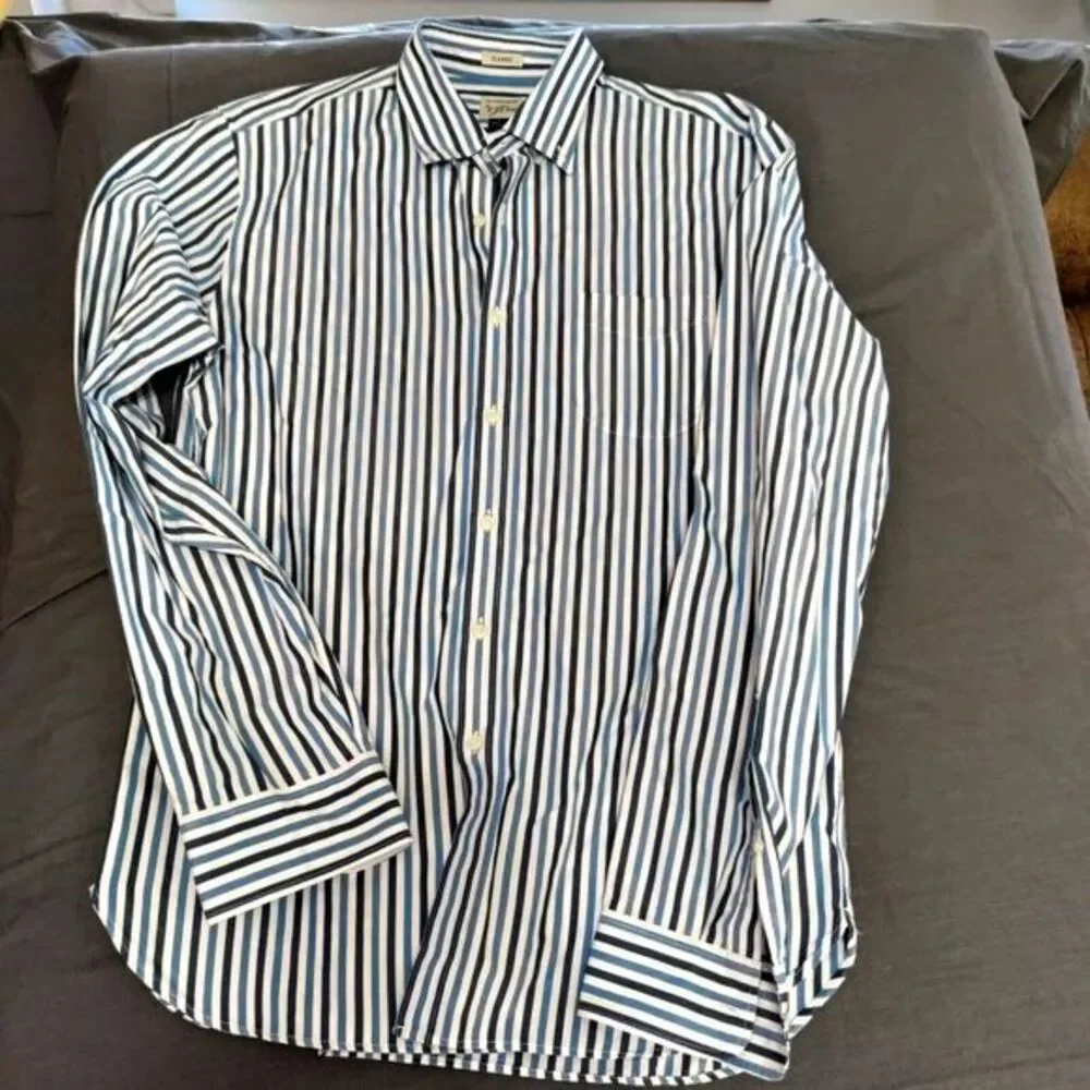 J. Crew Classic Men L Blue/White Stripe Long Sleeve Career Work Travel Y2K Shirt